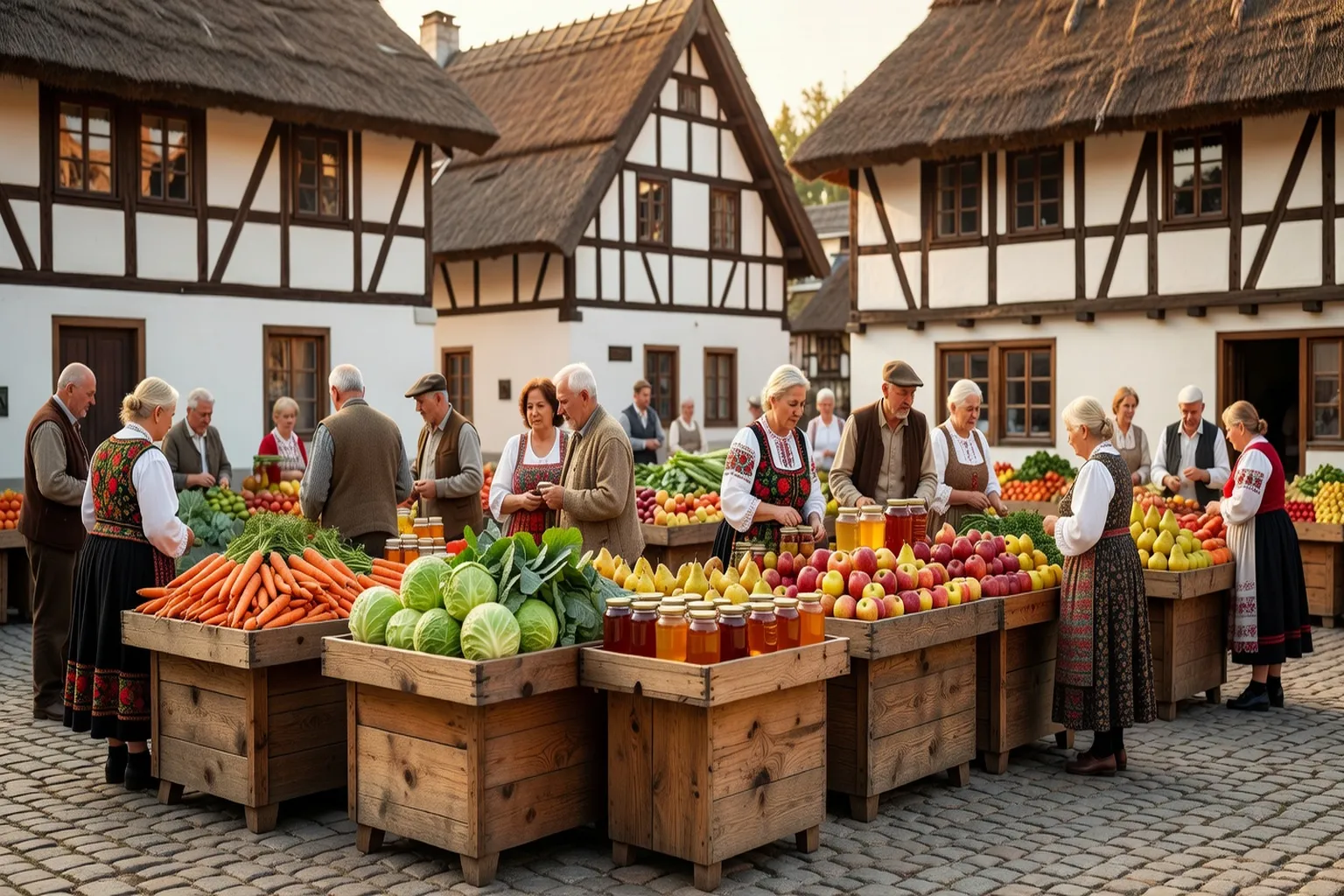 Marché paysan polonais avec stands de légumes, fruits et miel