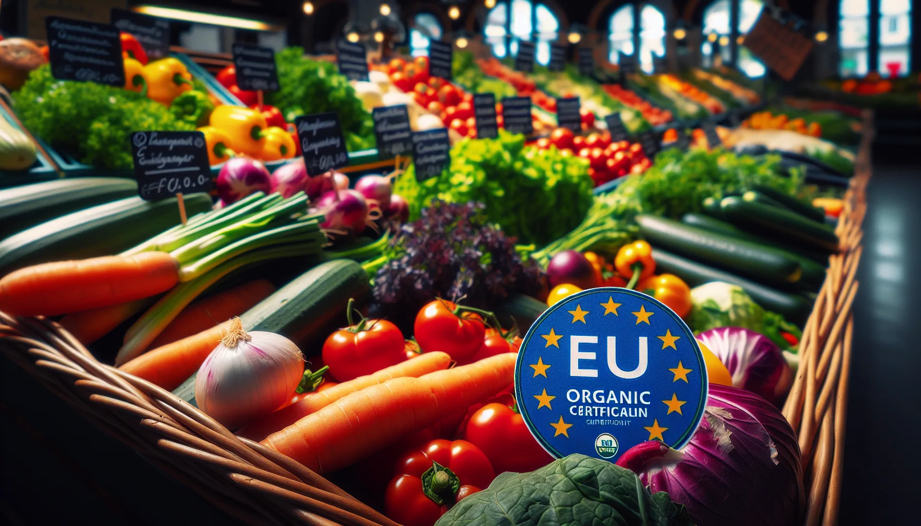 Produits bio européens avec label de certification biologique au marché