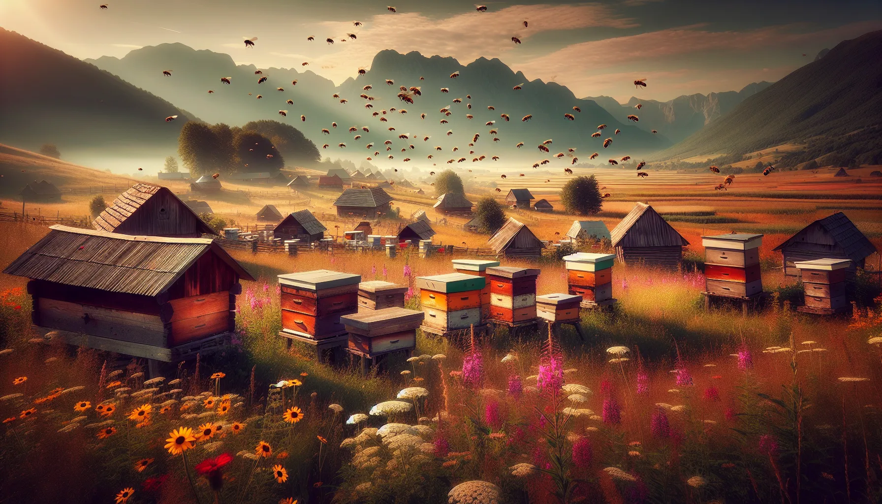 Apiculture traditionnelle dans la campagne bosniaque avec ruches en bois et prairies fleuries de montagne