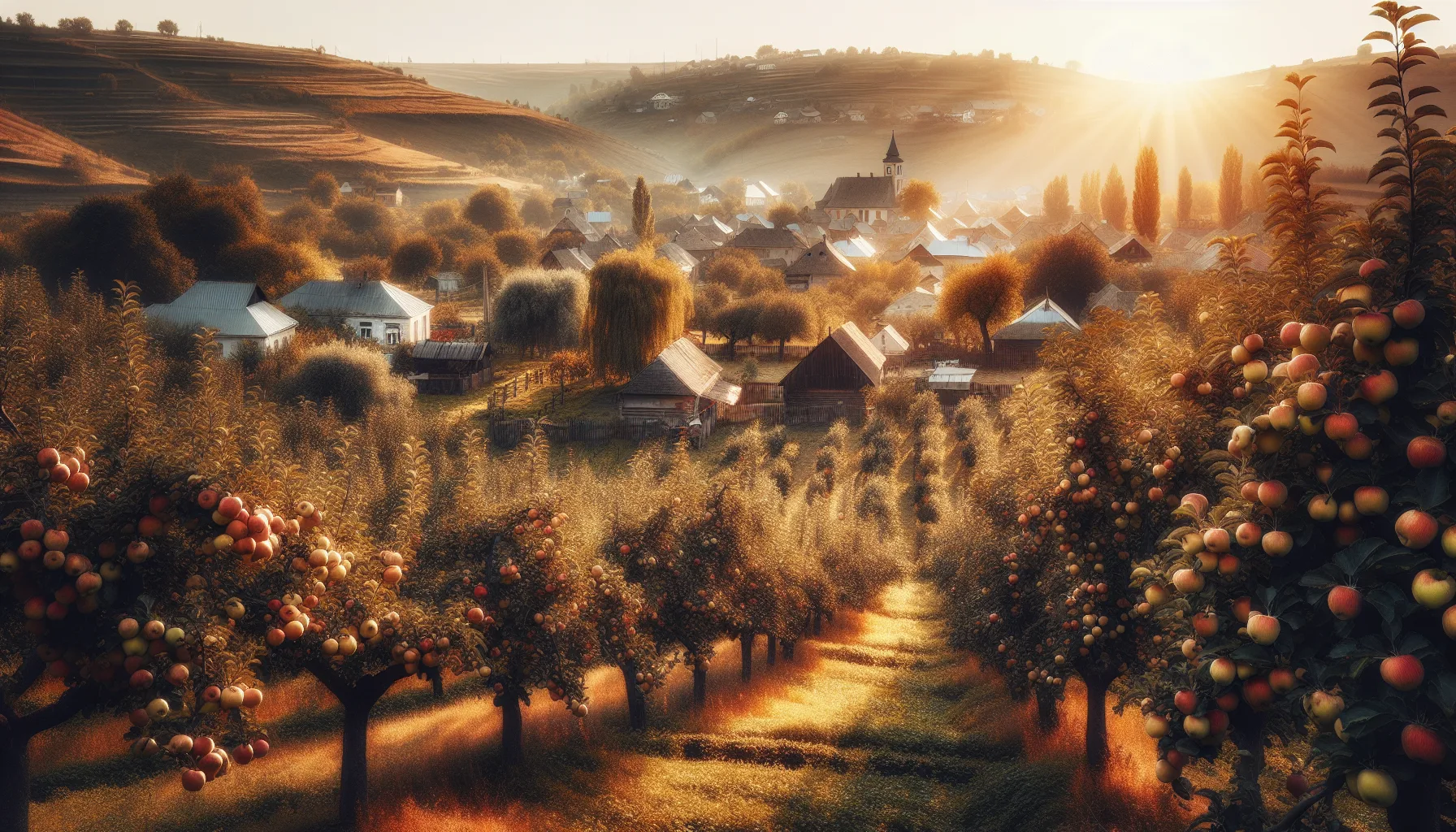 Verger de pommiers en Moldavie avec des rangées d'arbres fruitiers bien entretenus