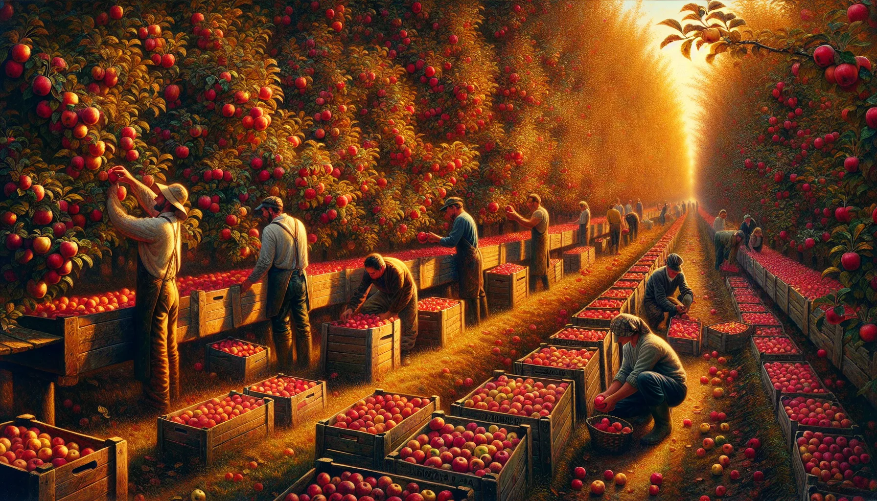 Récolte de pommes dans un verger polonais avec caisses de fruits rouges et couleurs d'automne