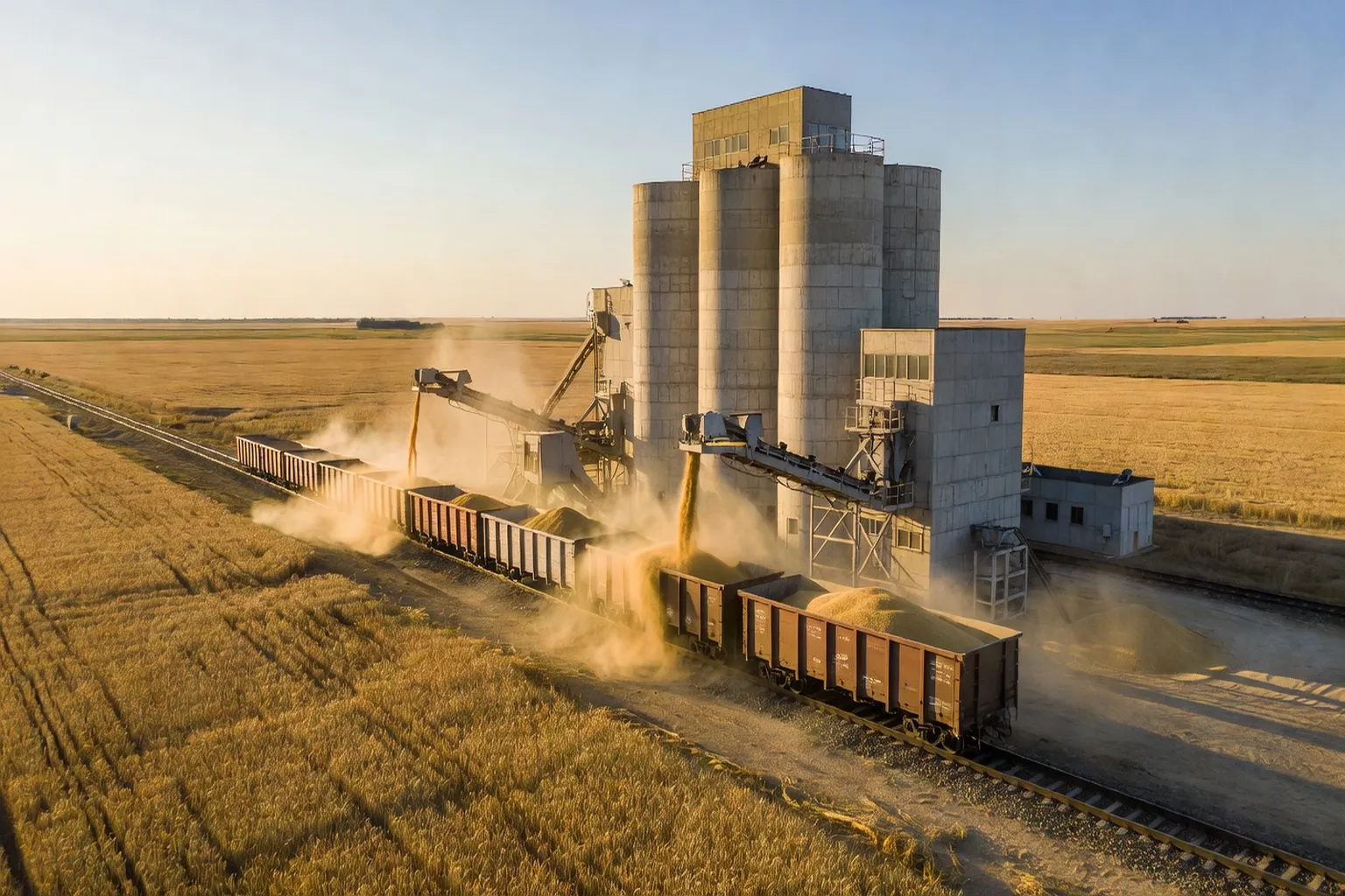 Silo céréalier russe avec wagons de blé en chargement