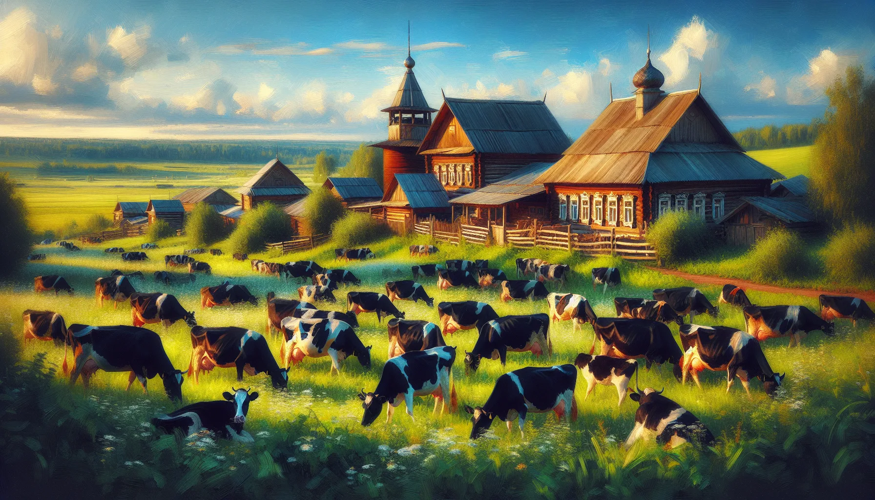 Élevage laitier dans les campagnes russes avec pâturages verts et bâtiments traditionnels