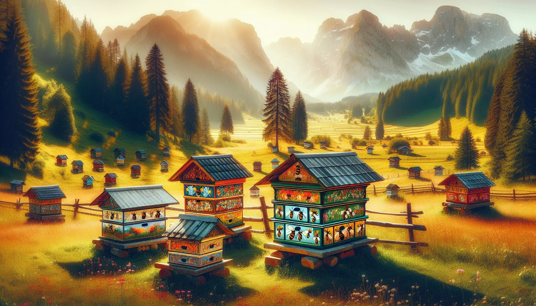 Panneaux de ruches peintes traditionnelles slovènes dans une prairie alpine avec décors colorés