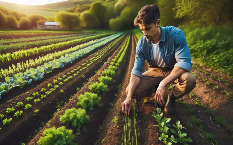 Agriculteur européen pratiquant l'agroécologie avec couverts végétaux entre les rangs et polyculture diversifiée