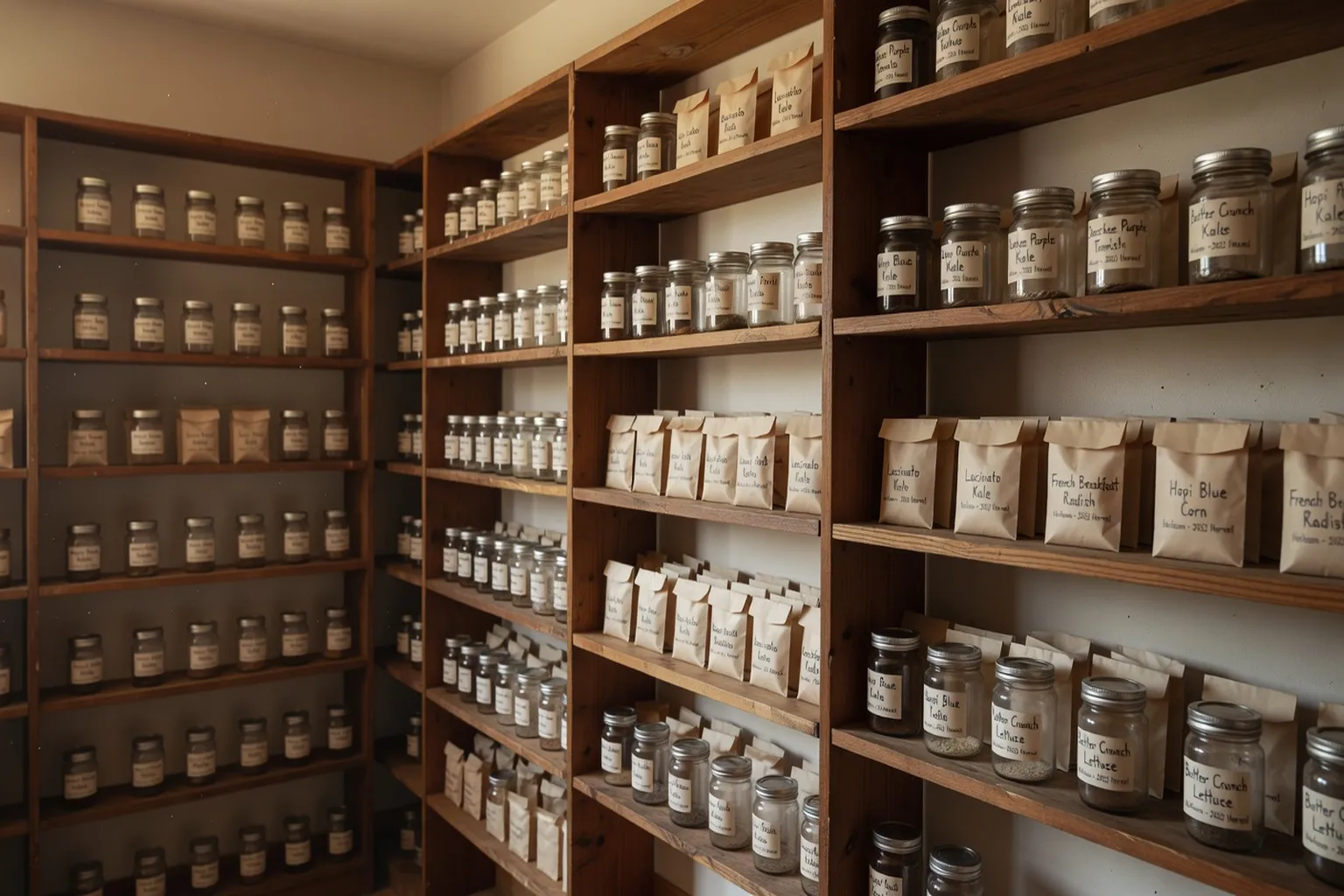 Banque communautaire de semences avec étagères de bocaux étiquetés