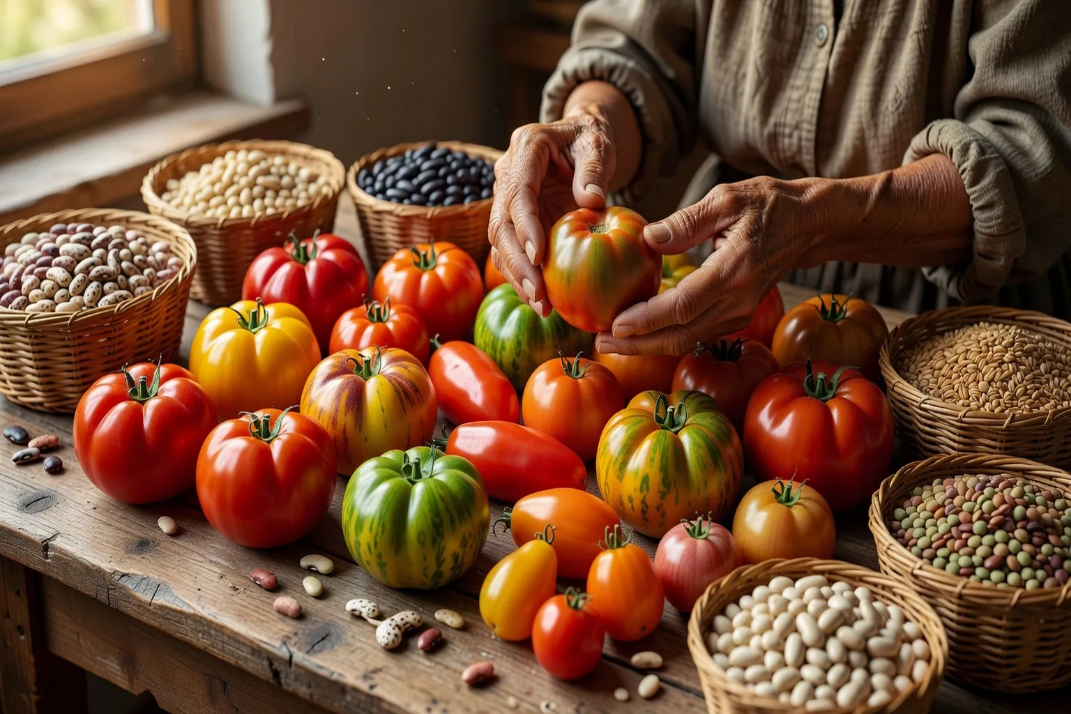 Mains de paysanne triant des tomates anciennes de couleurs variées