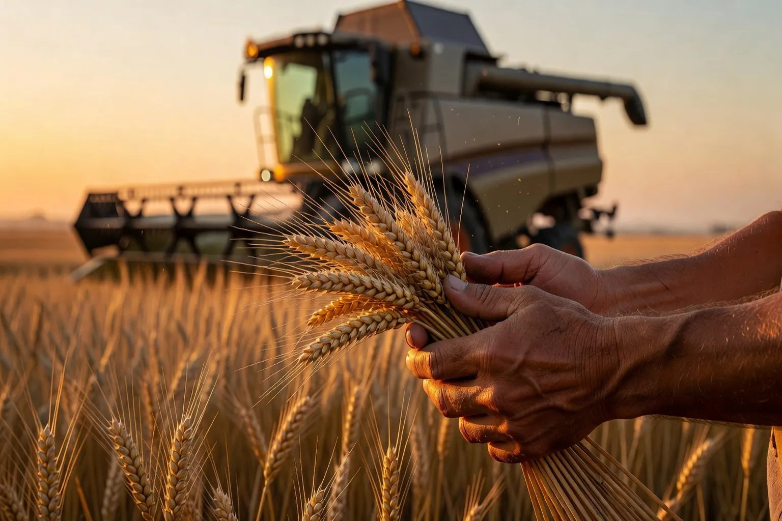 Moisson dans une grande plaine céréalière européenne avec moissonneuses-batteuses et bennes en file