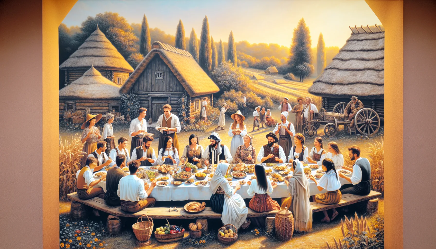 Scène d'agritourisme en Bulgarie avec visiteurs attablés devant une ferme traditionnelle en pleine campagne