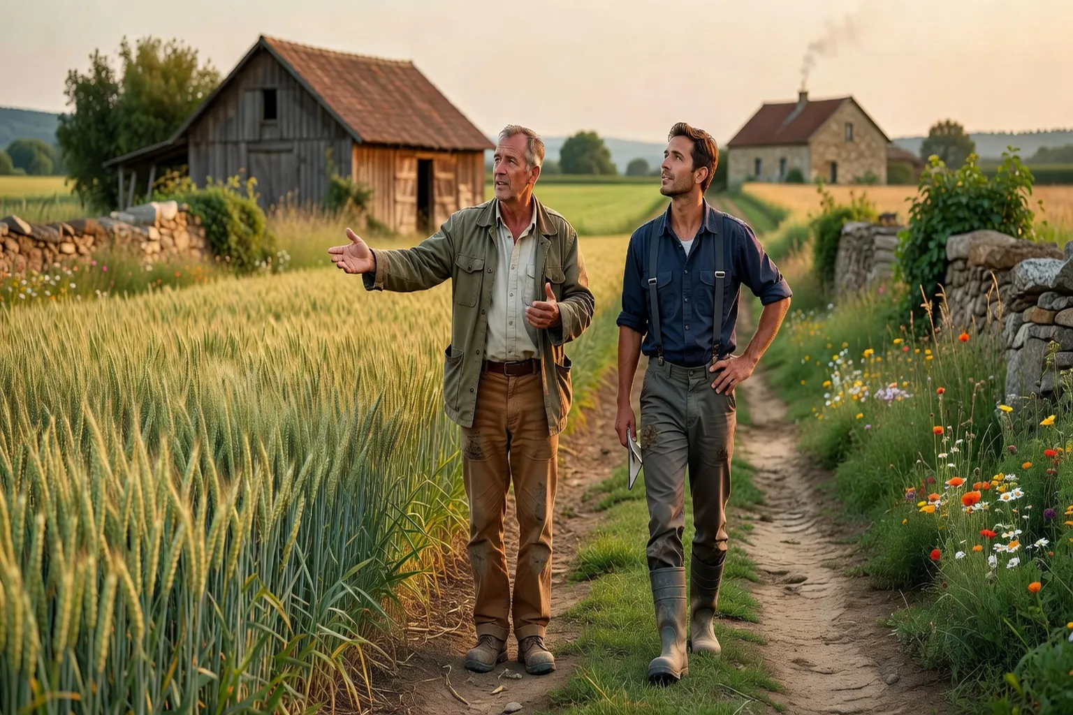 L'agronome en discussion avec un agriculteur sur une ferme paysanne