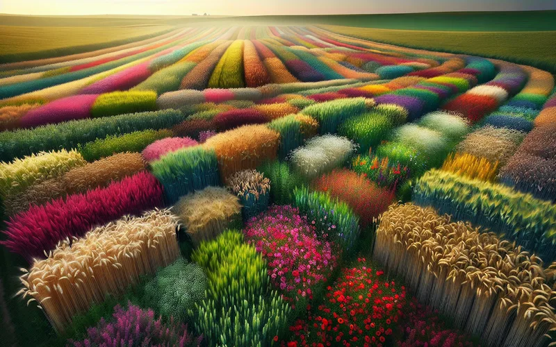 Champ de variétés anciennes de céréales en Europe de l'Est, blé et seigle patrimoniaux aux épis colorés, paysage agricole traditionnel au matin d'été