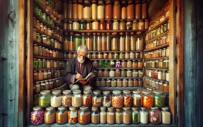 Banque de semences traditionnelle en Europe de l'Est, bocaux en verre avec semences variées, agriculteur préservant les variétés patrimoniales de Bulgarie ou Roumanie